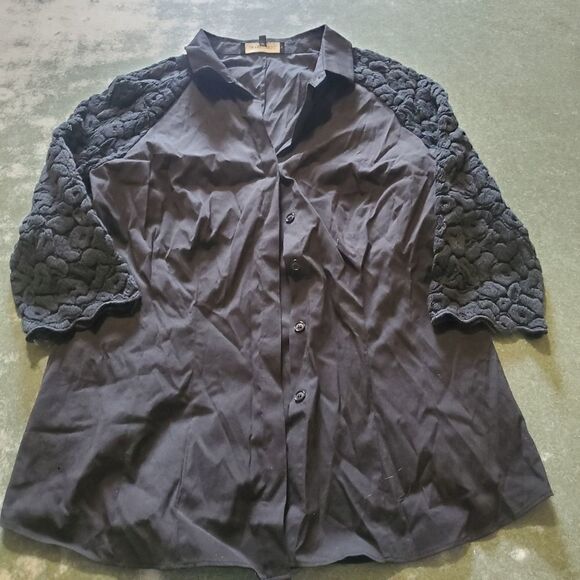 Lafayette 148 black button down shirt with lace sleeve sz 4 - Picture 1 of 4